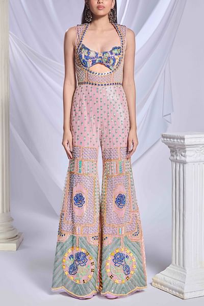 Baby pink 3D sequinned embellished jumpsuit