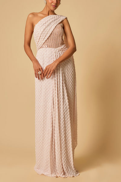 Baby pink corset-style draped sari gown