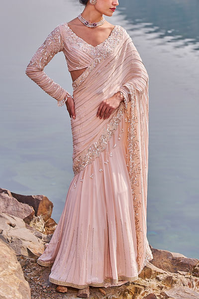 Baby pink embellished pre-draped sari set