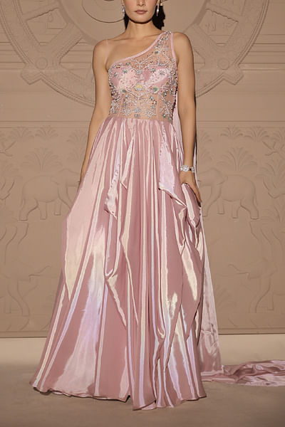 Baby pink floral pearl embroidered draped gown