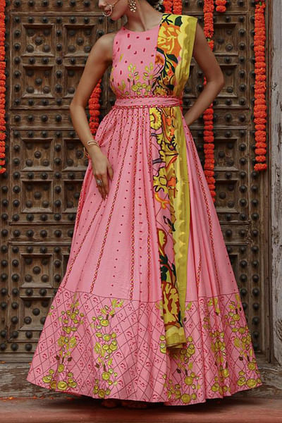 Baby pink floral printed anarkali set