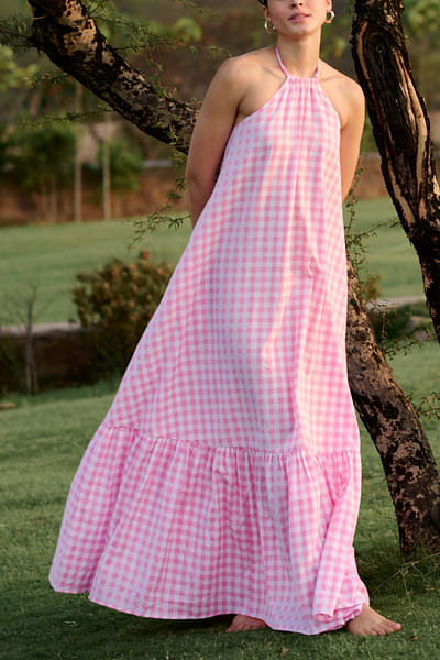 Baby pink Madras checkered maxi dress