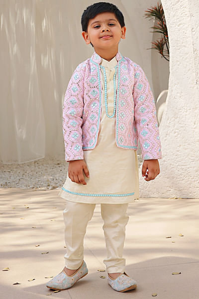 Baby pink mirror embroidered jacket kurta set