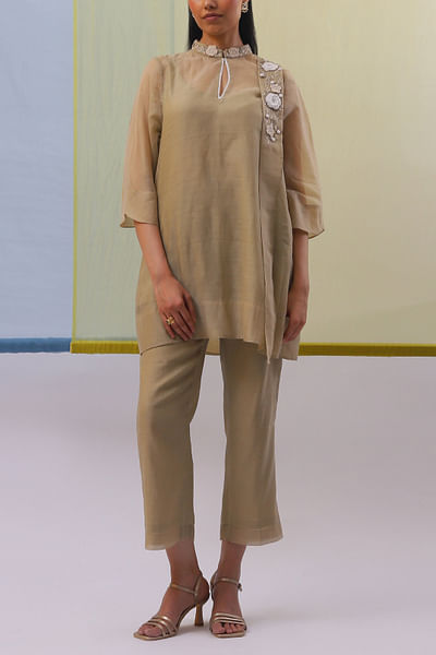 Beige 3D floral embroidered co-ords