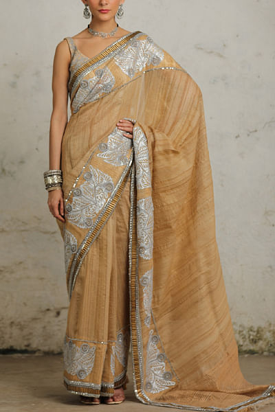 Beige aari embroidered sari set