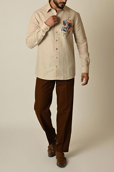Beige abstract embroidery shirt