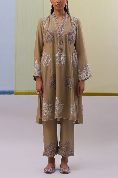 Beige and blue floral embroidery kurta set
