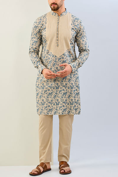 Beige and blue paisley embroidered kurta set