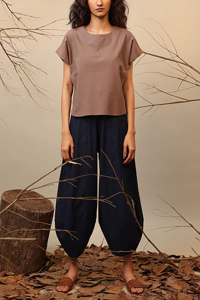Beige and blue top and balloon pants