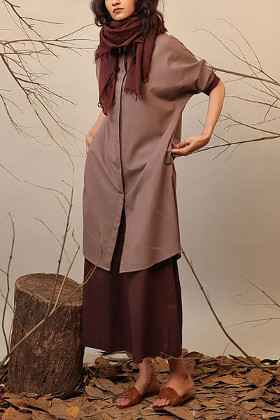 Beige and brown colour blocked shirt tunic
