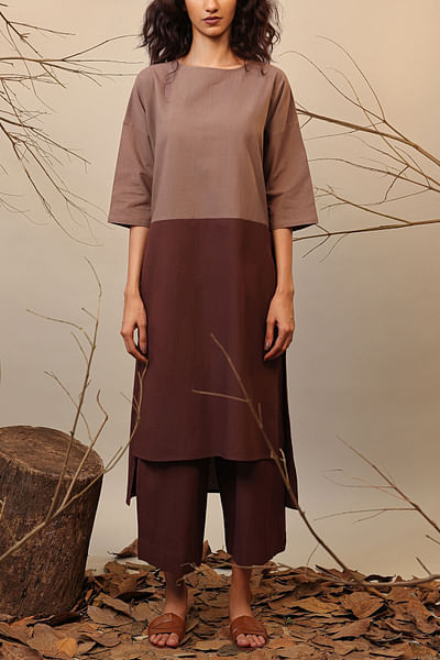 Beige and brown colour blocked tunic