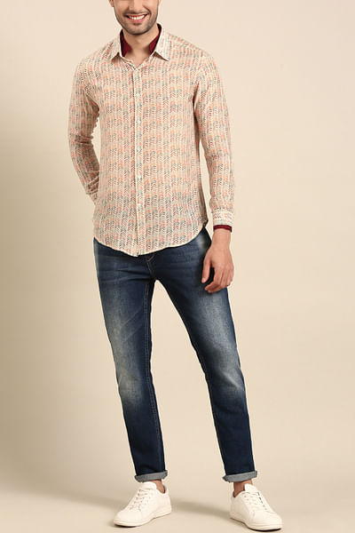 Beige and cream digital print muslin shirt