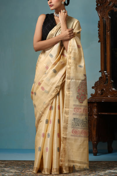 Beige and gold handwoven sari set