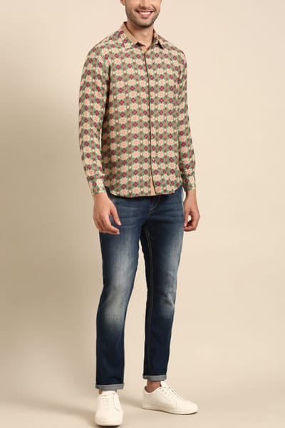 Beige and green digital print muslin shirt