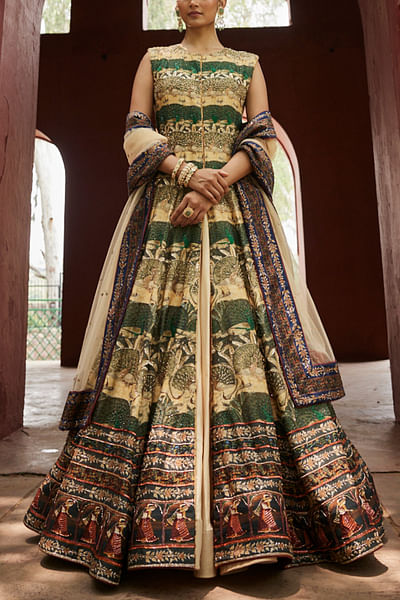 Beige and green kalamkari print jacket lehenga set