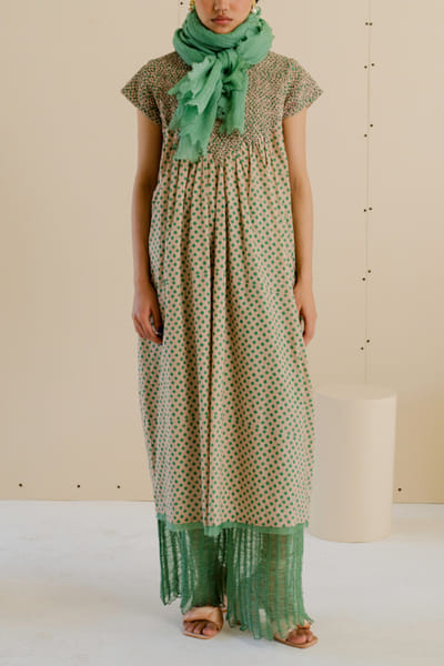 Beige and green polka dot printed smocked dress