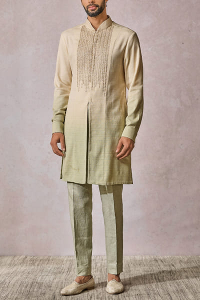 Beige and jade embroidery ombre kurta set