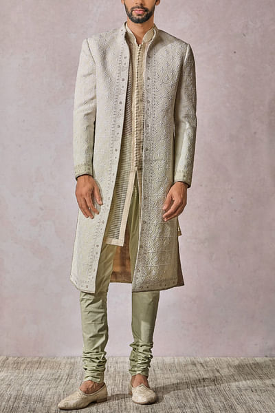 Beige and jade embroidery ombre sherwani set