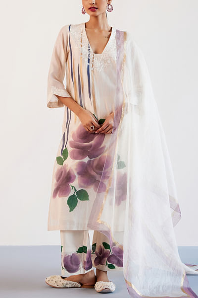 Beige and mauve floral hand-painted kurta set