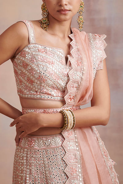 Beige and melon orange mirror lehenga set