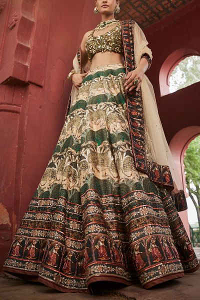 Beige and moss green kalamkari print lehenga set