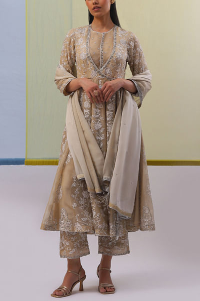 Beige and off white embroidered angrakha set