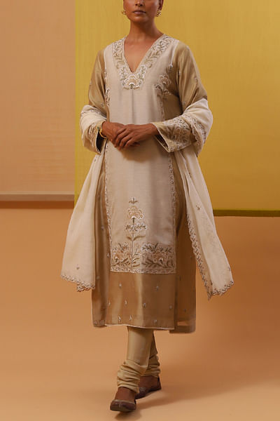 Beige and off white embroidery kurta set