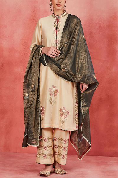 Beige and olive green floral embroidered kurta set