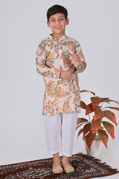 Beige and orange floral print kurta set