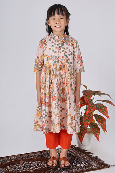 Beige and orange floral printed kurta set