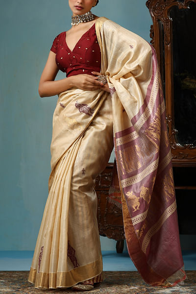 Beige and purple handwoven sari set