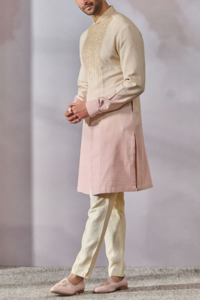 Beige and salmon embroidered kurta set