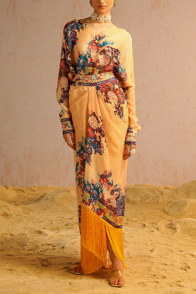 Beige artisanal printed draped skirt set