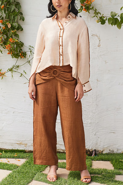 Beige box pleated asymmetrical shirt