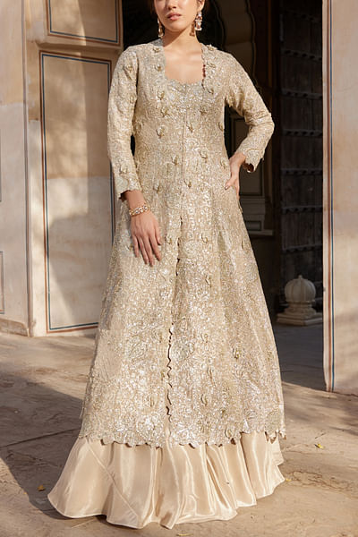 Beige champagne embrodered jacket lehenga set