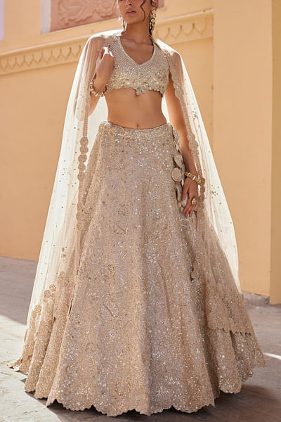 Beige champagne floral embroidered lehenga set