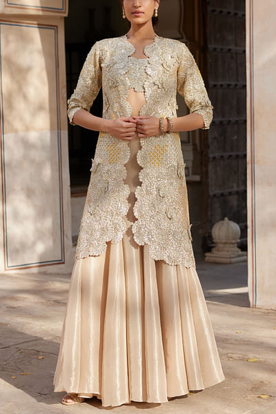 Beige champagne floral embroidery jacket lehenga set