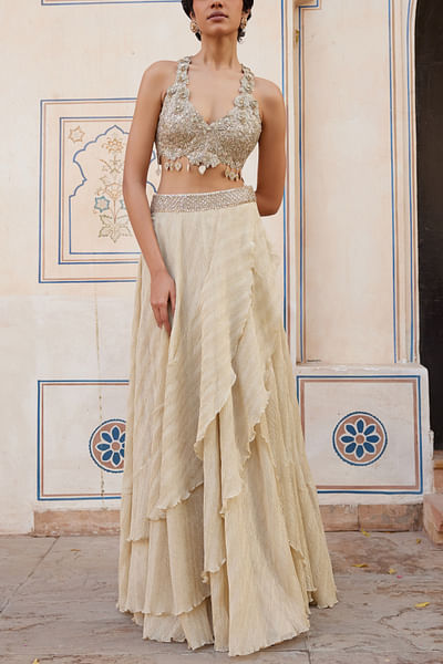 Beige champagne layered skirt set