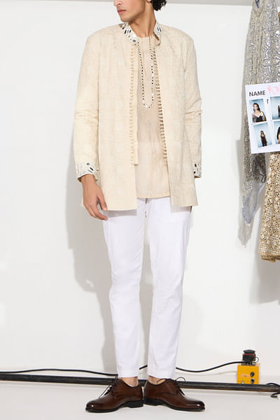 Beige chikankari embroidered jacket