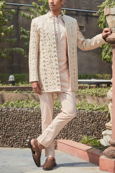 Bohame Beige chikankari embroidery jacket set BOHMAY2409