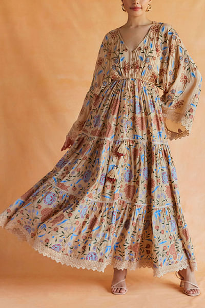 Beige chintz printed tiered maxi dress