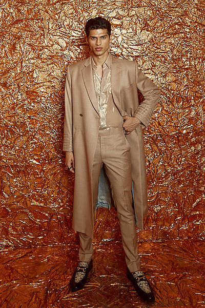 Beige cord detailed trench coat with belt