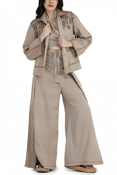 Beige cord embroidery striped jacket set