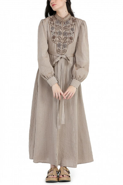 Beige cord embroidery striped shirt dress