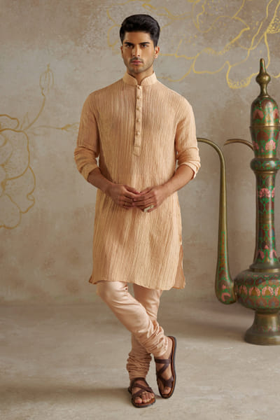 Beige crushed tissue kurta set