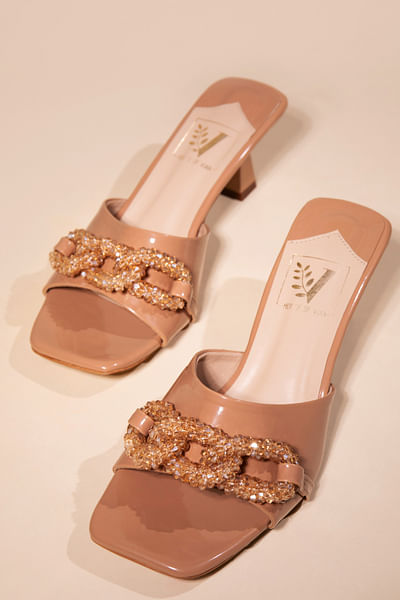 Beige crystal embellished heels