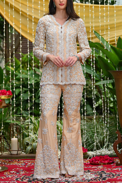 Beige cutdana embroidered co-ords