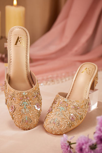 Beige cutdana embroidered mule heels