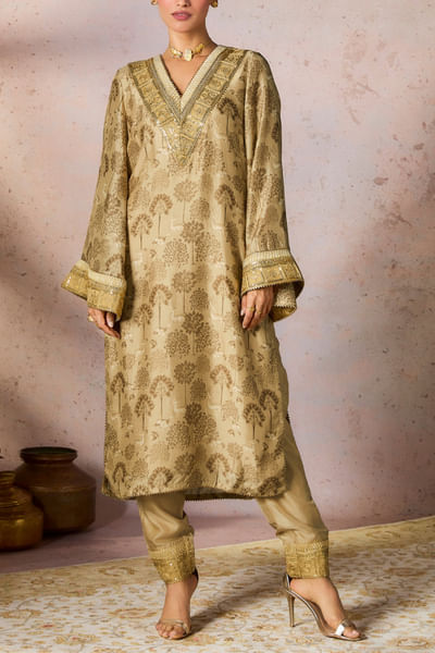 Beige deer and tree print embroidered kurta set