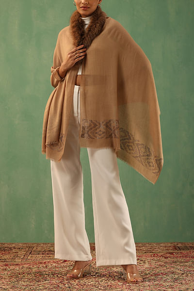 Beige embellished fur cashmere wool stole